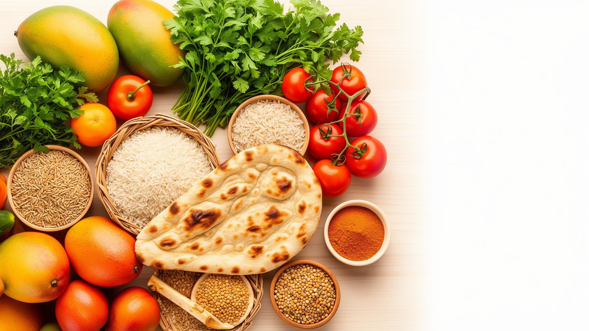 Fresh produce, naan bread, rice and spices on a wooden table