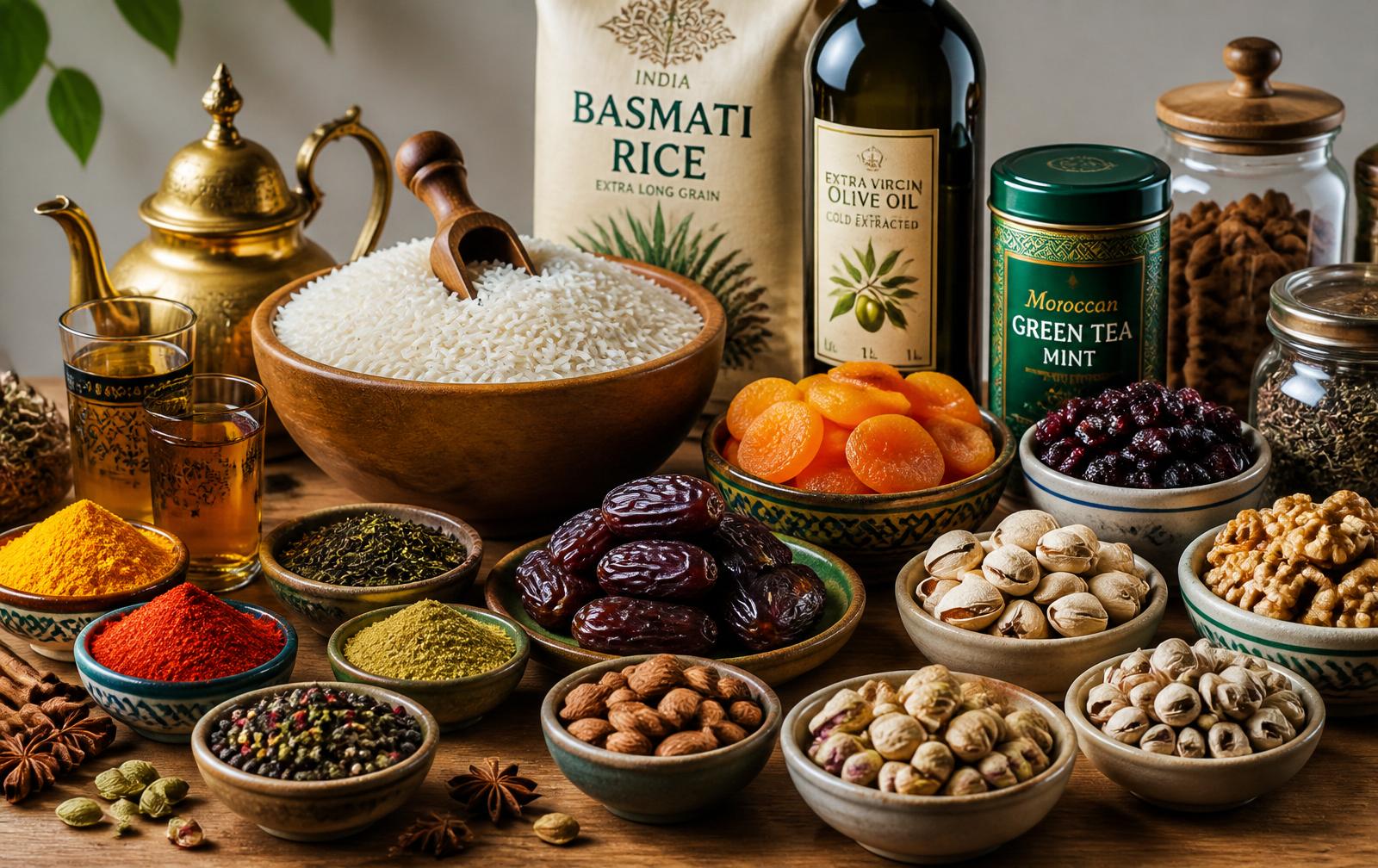 International pantry staples — basmati rice, spices, dates and tea